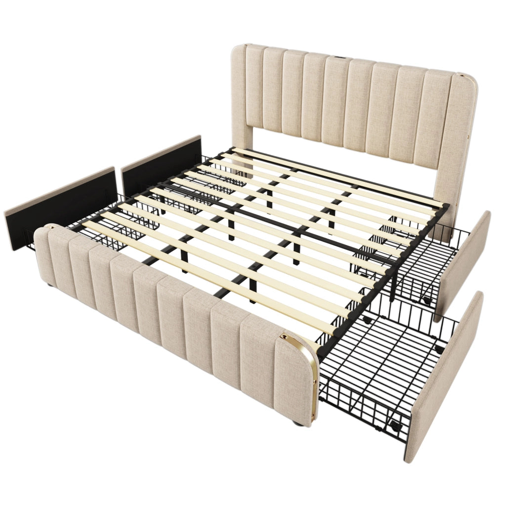 Letto matrimoniale imbottito ULEVR 180x200 cm con 4 cassetti, USB e Type-C, lino beige