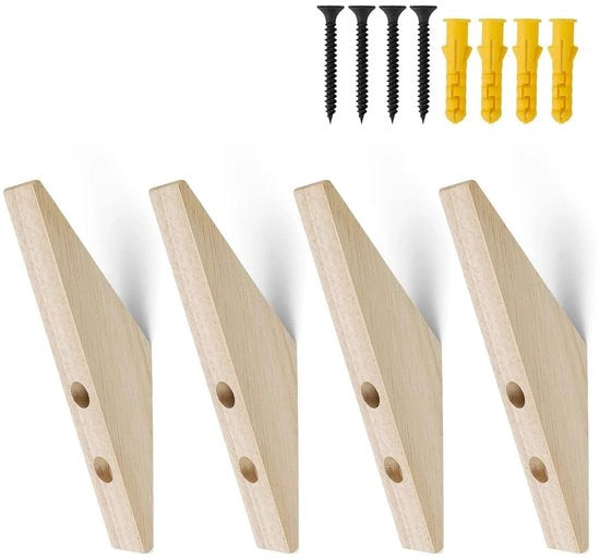 Hanger a muro in legno, pacchetto da 4, hanger a muro da attaccare al muro, progetto a V, costruzione solida, con viti di fissaggio e tubo espansivo, chiodi per muro, per soggiorno, camera da letto, balcone.