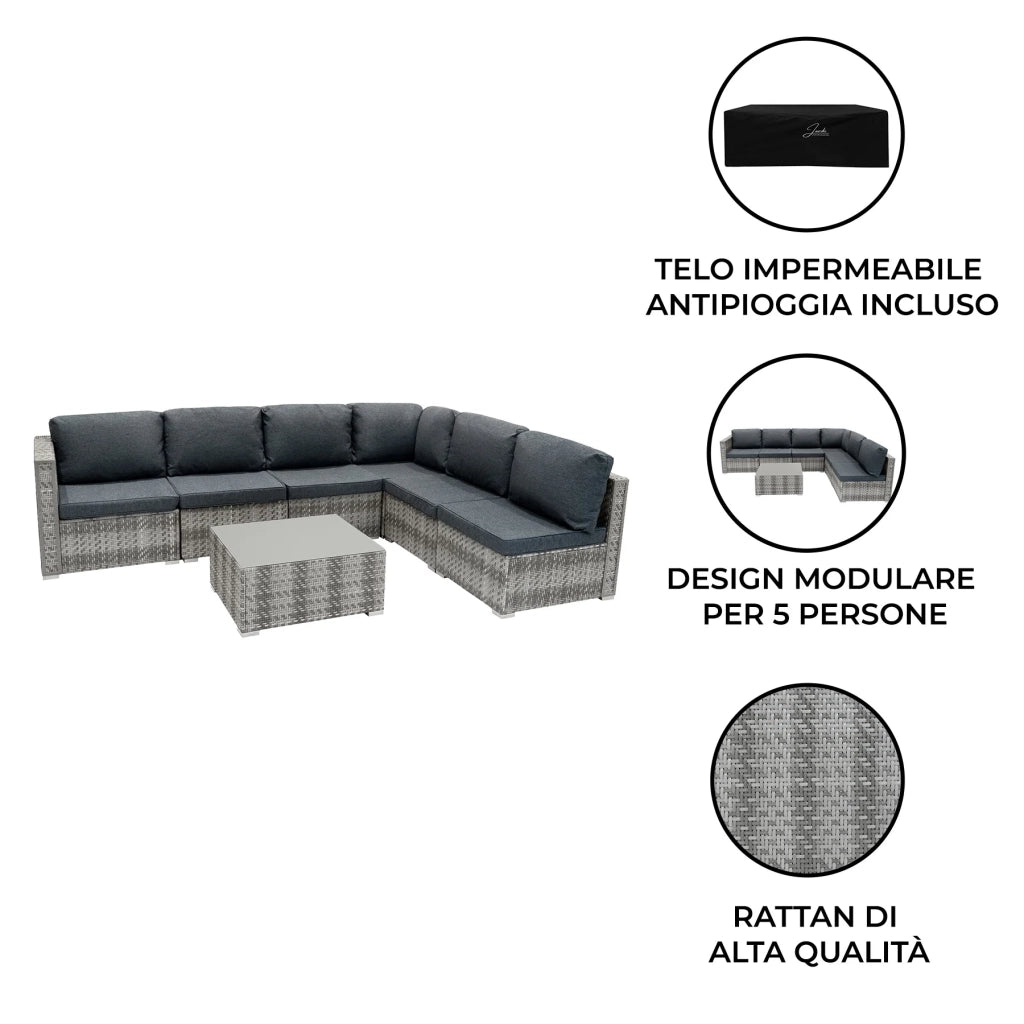 Set Divani Rattan Grigio 7 Pezzi da Giardino con Cuscini e Tavolino