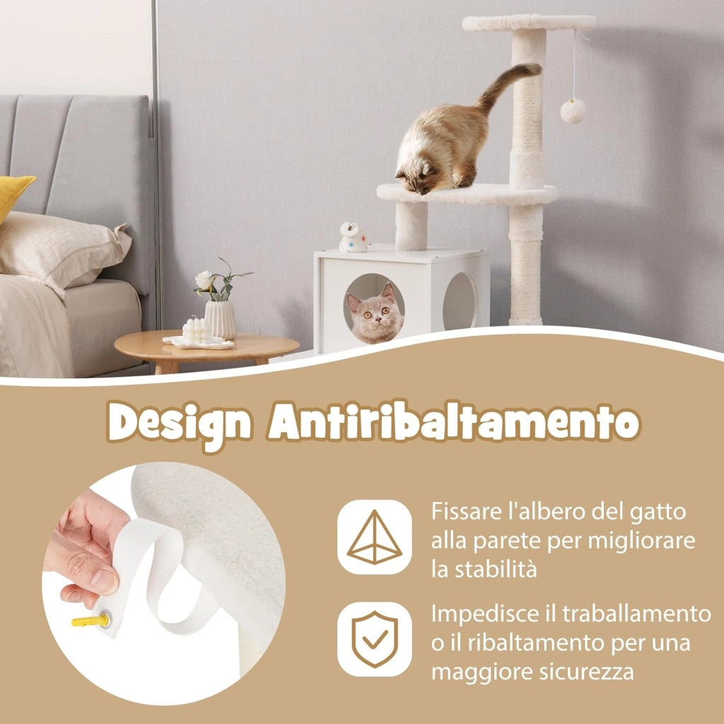 Tiragraffi per Gatti Adulti, Tiragraffi per Gatti con Cuccia, Piattaforma, Cuscini e Tiragraffi, Albero Tiragraffi per Gatti Grandi Alto in Legno, 77,5 x 49 x 132 cm