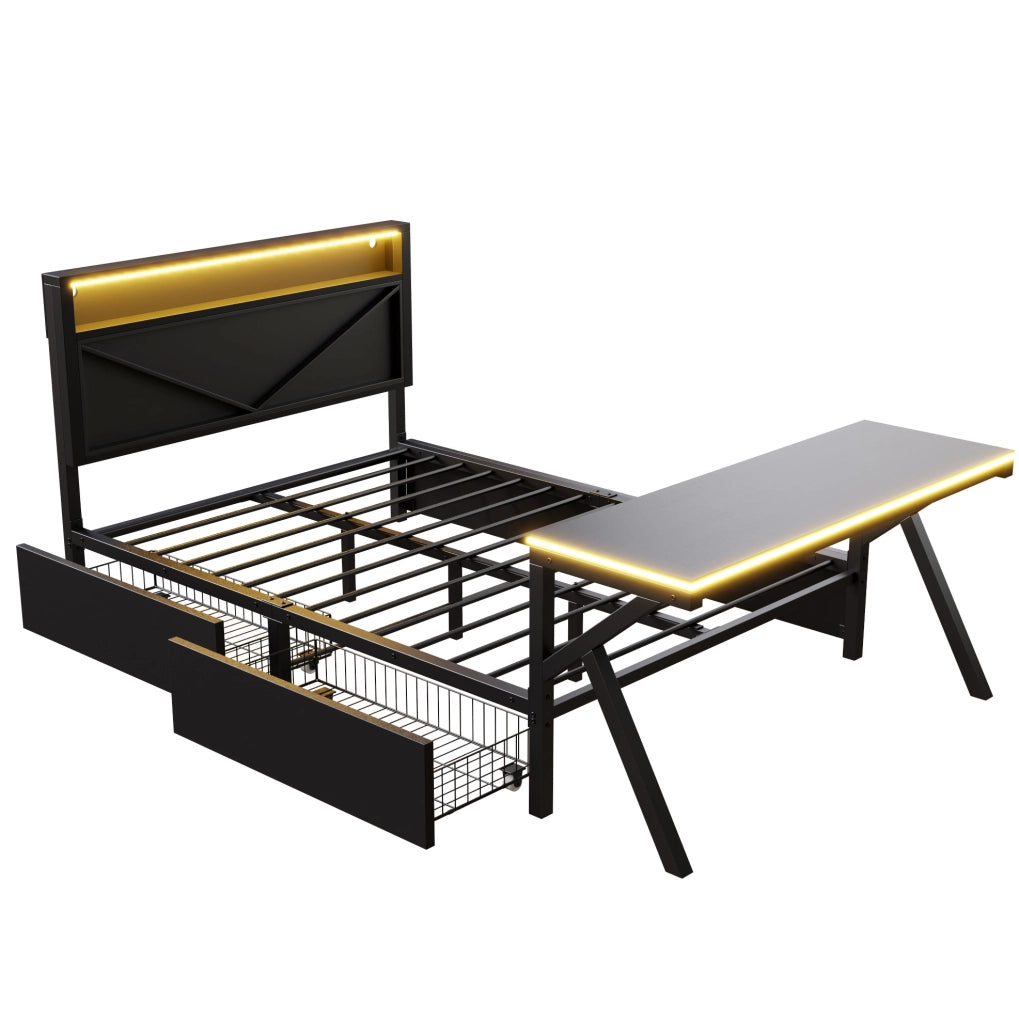 Letto piattaforma gaming con testiera LED e scrivania LED; 140x200 cm; nero