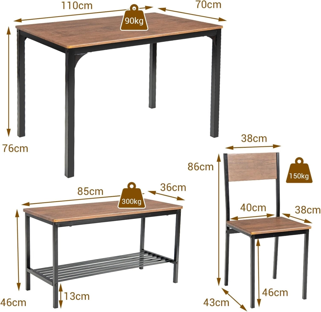 Set Tavolo e Sedie da Pranzo 4 Pezzi, Tavolo da Pranzo con 2 Sedie e 1 Panca, Set Mobili da Cucina Salvaspazio con 4 Posti, per Cucina, Sala da Pranzo e Soggiorno (Marrone)
