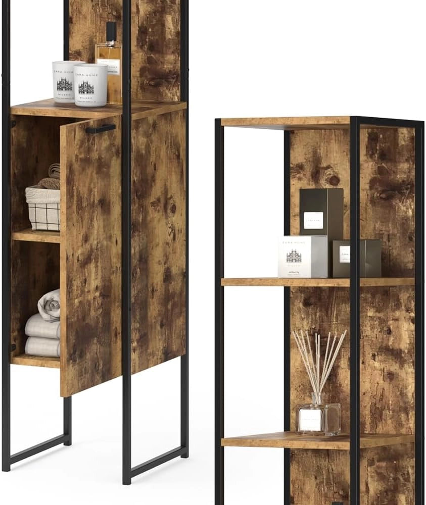 Mobile bagno alto Fyrk, Legno antico, 33 x 185 cm, per la conservazione di articoli da bagno e asciugamani