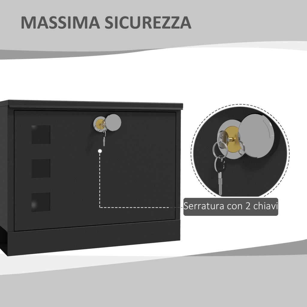 Cassetta Postale in Metallo con 2 Chiavi di Sicurezza, 3 Finestre e Foro di Drenaggio, 36.5x11.5x29 cm, Nera