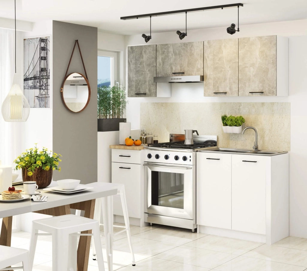 AKORD Set di Mobili da Cucina OLIWIA 180 cm Cemento 180 cm 7 ante 1 cassetto inserto frontale Bianco 180x46x203 cm