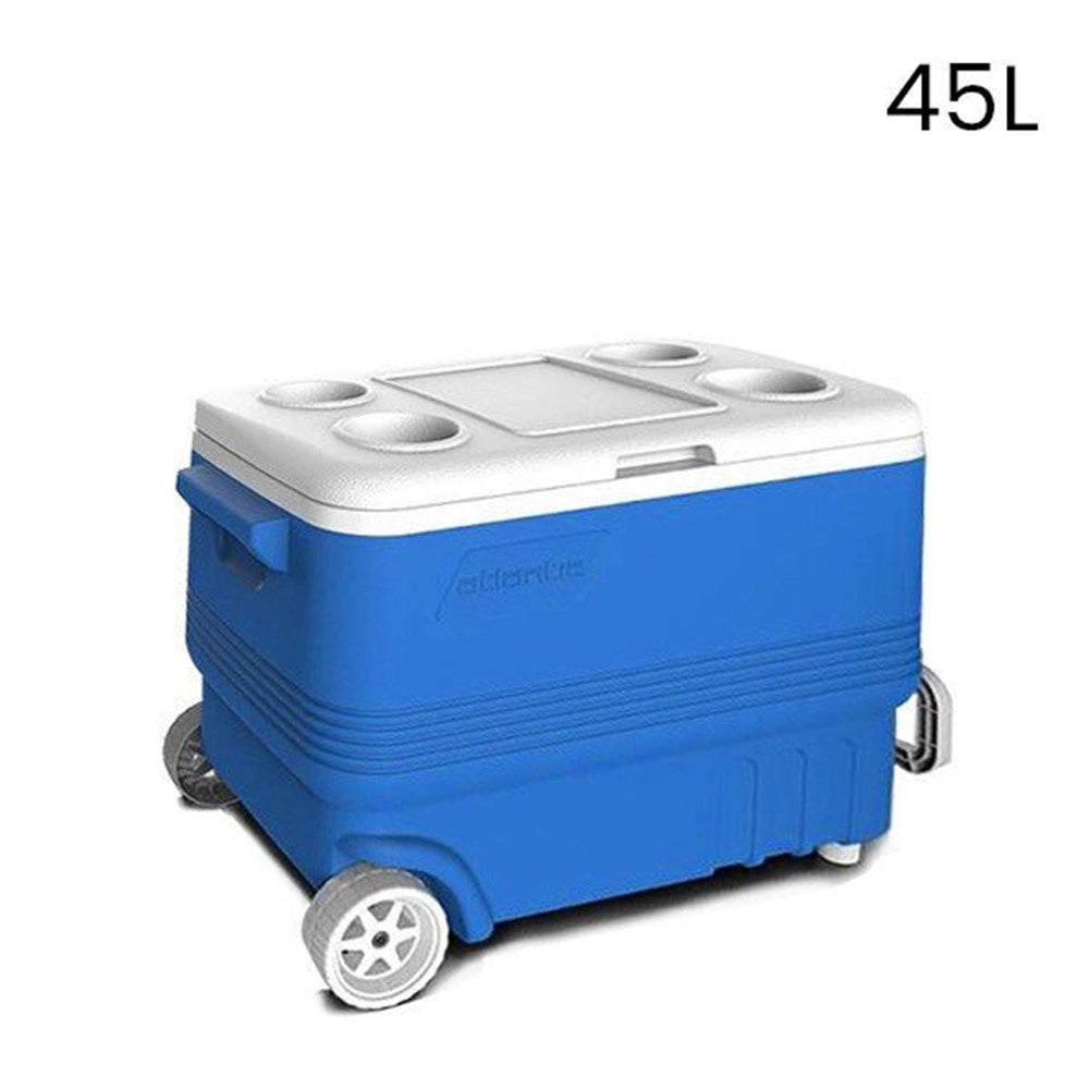 Trade Shop - Frigo Passivo Box Refrigerato Con Ruote Vassoio Portabicchieri Coperchio 45lt Blu 286505 -