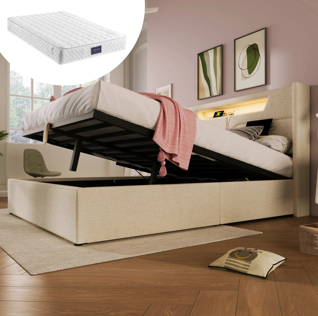 Letto matrimoniale 140x200 in lino beige con LED; USB Type-C e contenitore
