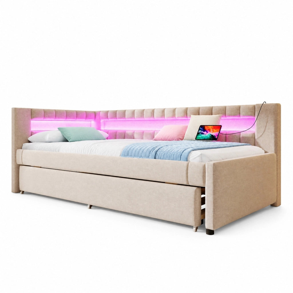 Letto da giorno beige 90x200 cm con letto estraibile, LED e USB-C