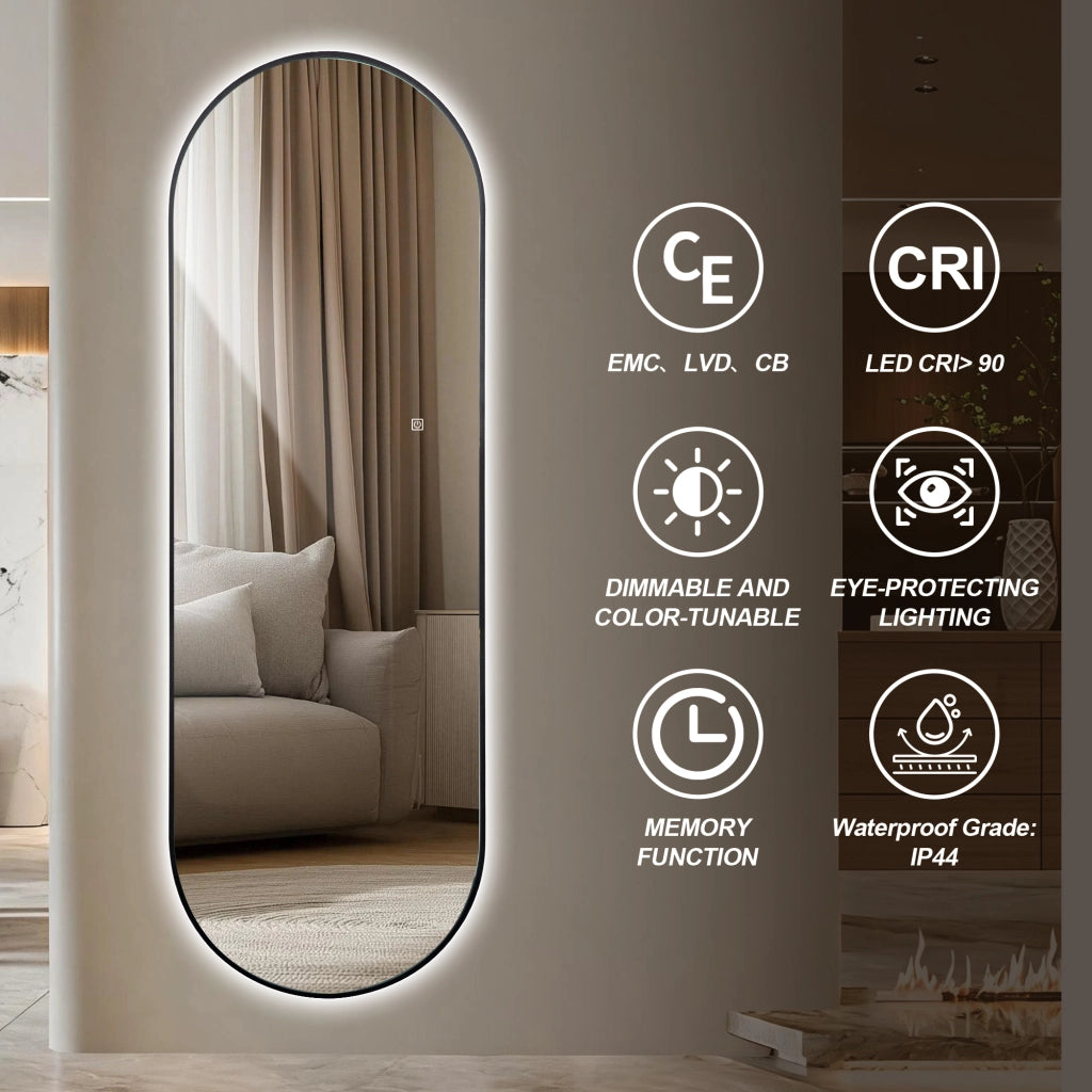 Specchio a figura intera a LED con cornice in alluminio nero; specchio da parete a capsula dimmerabile per camera da letto e bagno