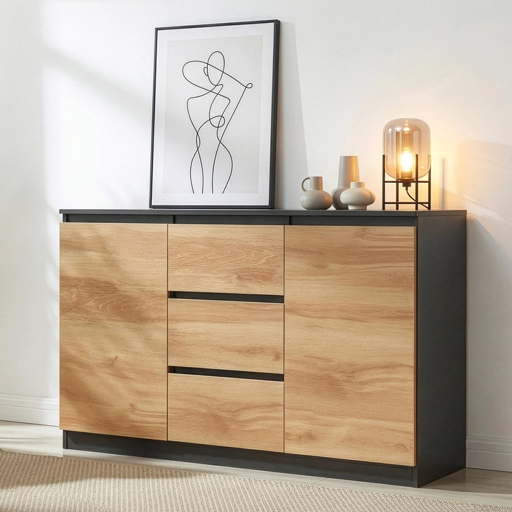 Credenza Mobile Contenitore Kyr Comò con 2 Ante e 3 Cassetti 120 x 35 x 75 cm - Nero/Effetto Rovere Rustico [en.casa]