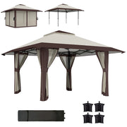 Gazebo 4x4m Ripiegabile pieghevole a piega regolabile in altezza impermeabile con pareti in rete UV 50+ Tenda pieghevole da giardino con borsa da trasporto sacchi di sabbia Gazebo da giardino per il festival del campeggio beige