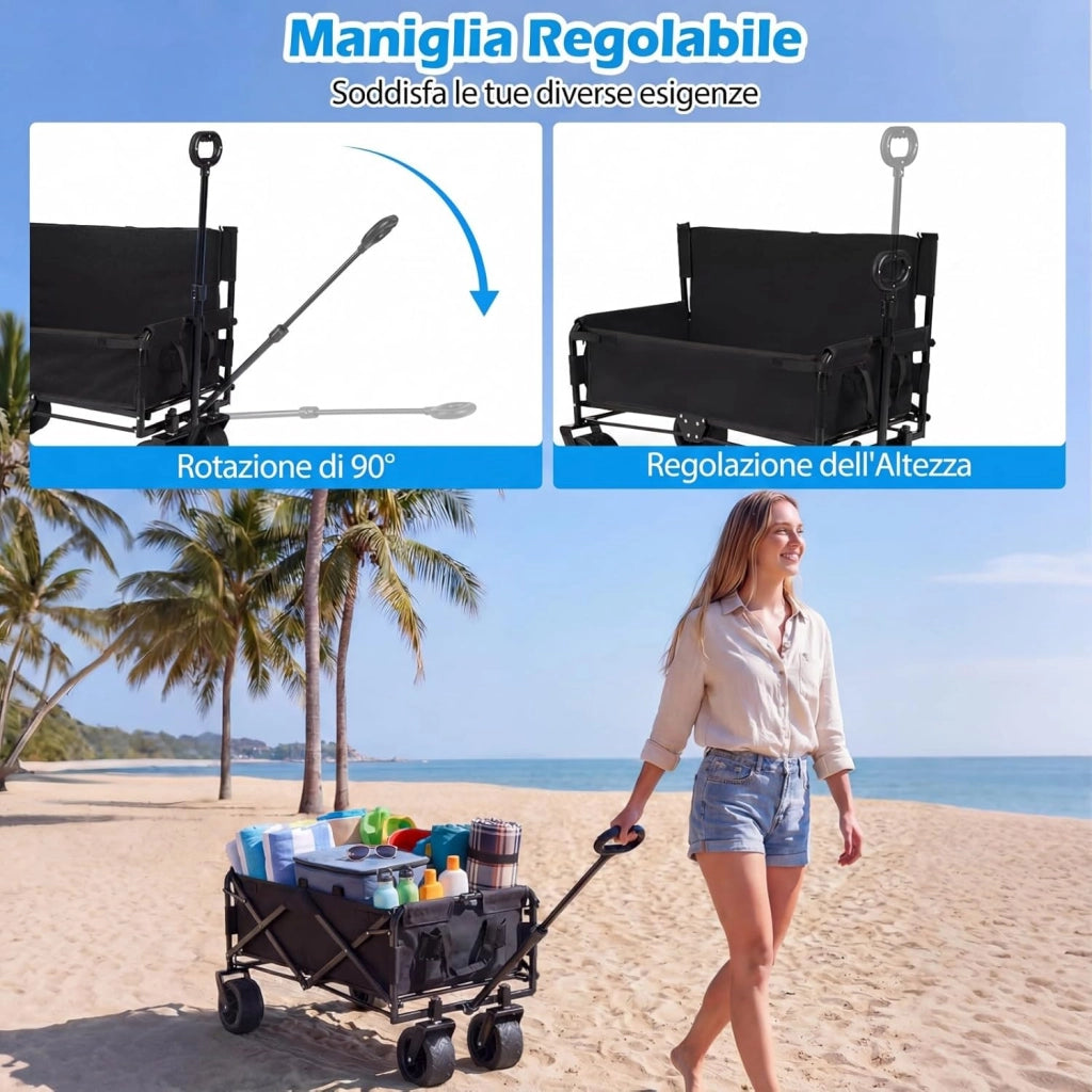 2 in 1 Carrello Pieghevole con Panca, Carrello Trasportabile con Maniglia Regolabile, Cuscini Morbidi e Ruote, Carrello da Giardino in 600D Oxford, 80 kg, 85 L, per Campeggio e Spiaggia (Nero)