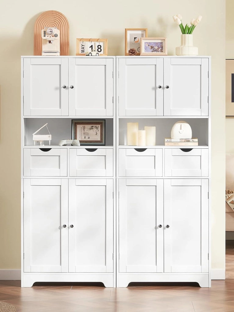 Mobile alto da bagno con 2 ripiani aperti, 2 cassetto, credenza multiuso, 60 x 30 x 147 cm, bianco