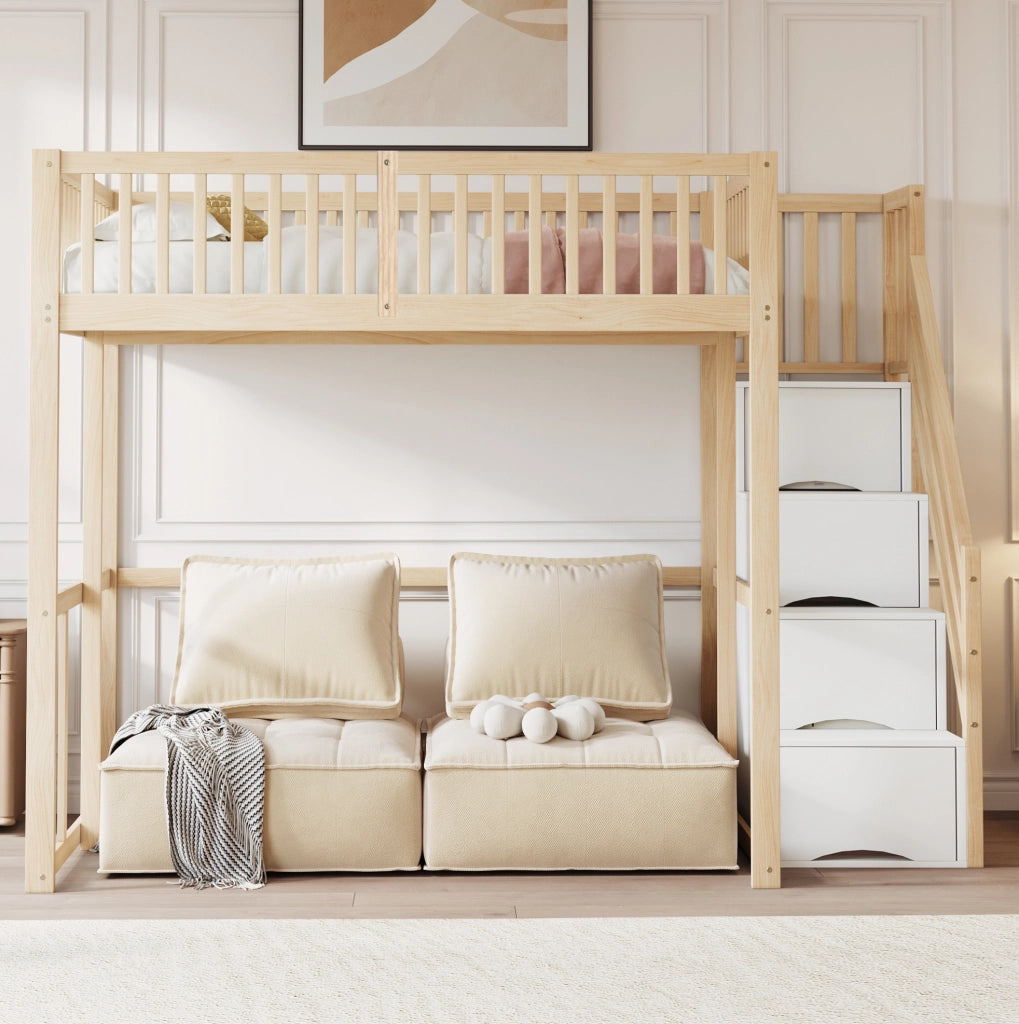 Letto a soppalco 140x200 cm in legno di pino naturale con scala contenitore e sponde di sicurezza