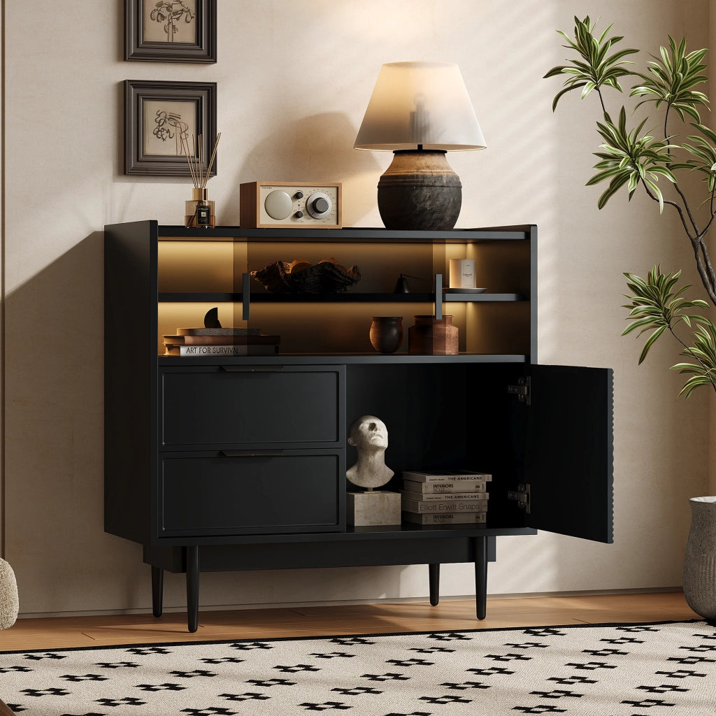 Mobile contenitore con vani aperti; ante scorrevoli e LED - per bagno - in MDF - nero