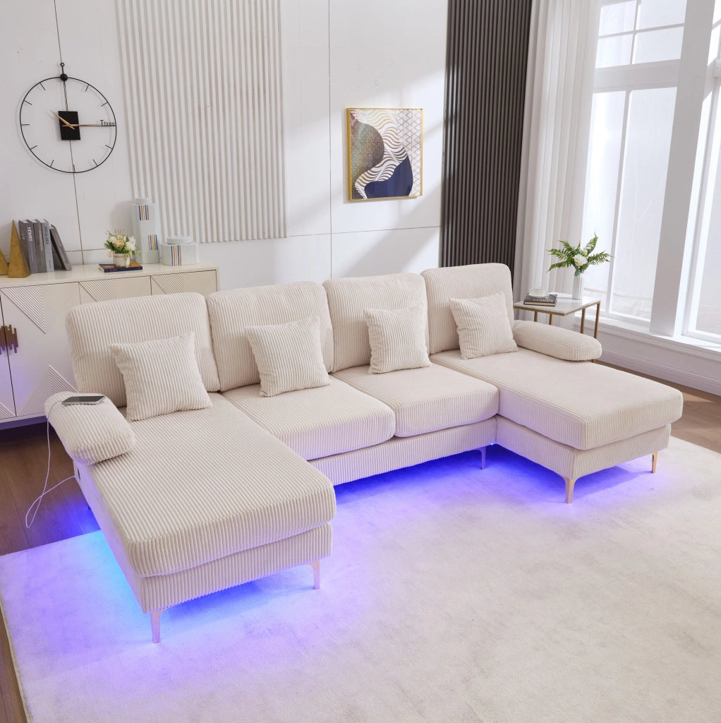 Divano a U in velluto beige con LED; porta USB e struttura in legno massiccio 265 cm