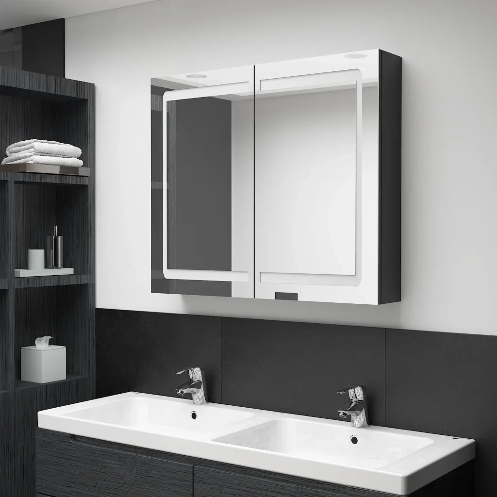 Armadietto Bagno | Armadio da bagno con Specchio e LED Nero Lucido 80x12x68 cm