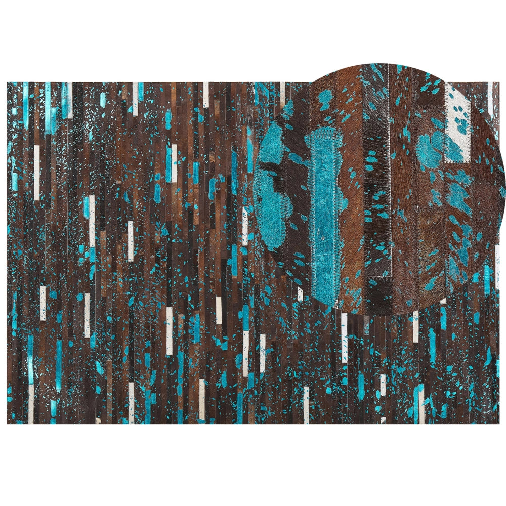 Tappeto tappetino Pelle di vacchetta marrone e blu 160 x 230 cm Superficie a righe patchwork