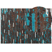 Tappeto tappetino Pelle di vacchetta marrone e blu 160 x 230 cm Superficie a righe patchwork