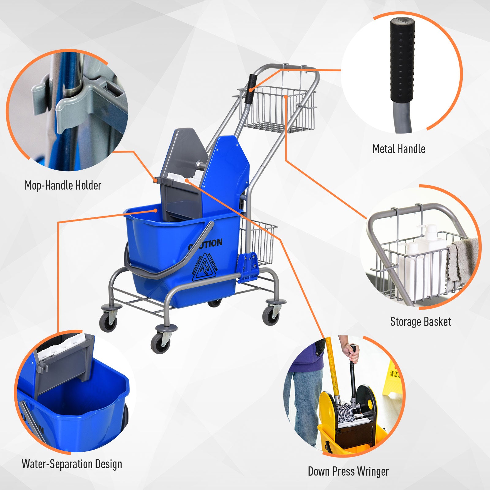 Carrello delle Pulizie Professionale con Secchio da 26L Strizzatore e Cestini a Rete Blu