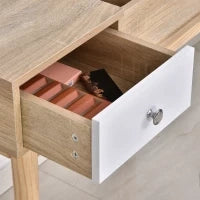 Tavolo da Trucco Moderno con Specchio Estraibile, Organizer Gioielli, 2 Cassetti e Sgabello, Color Legno