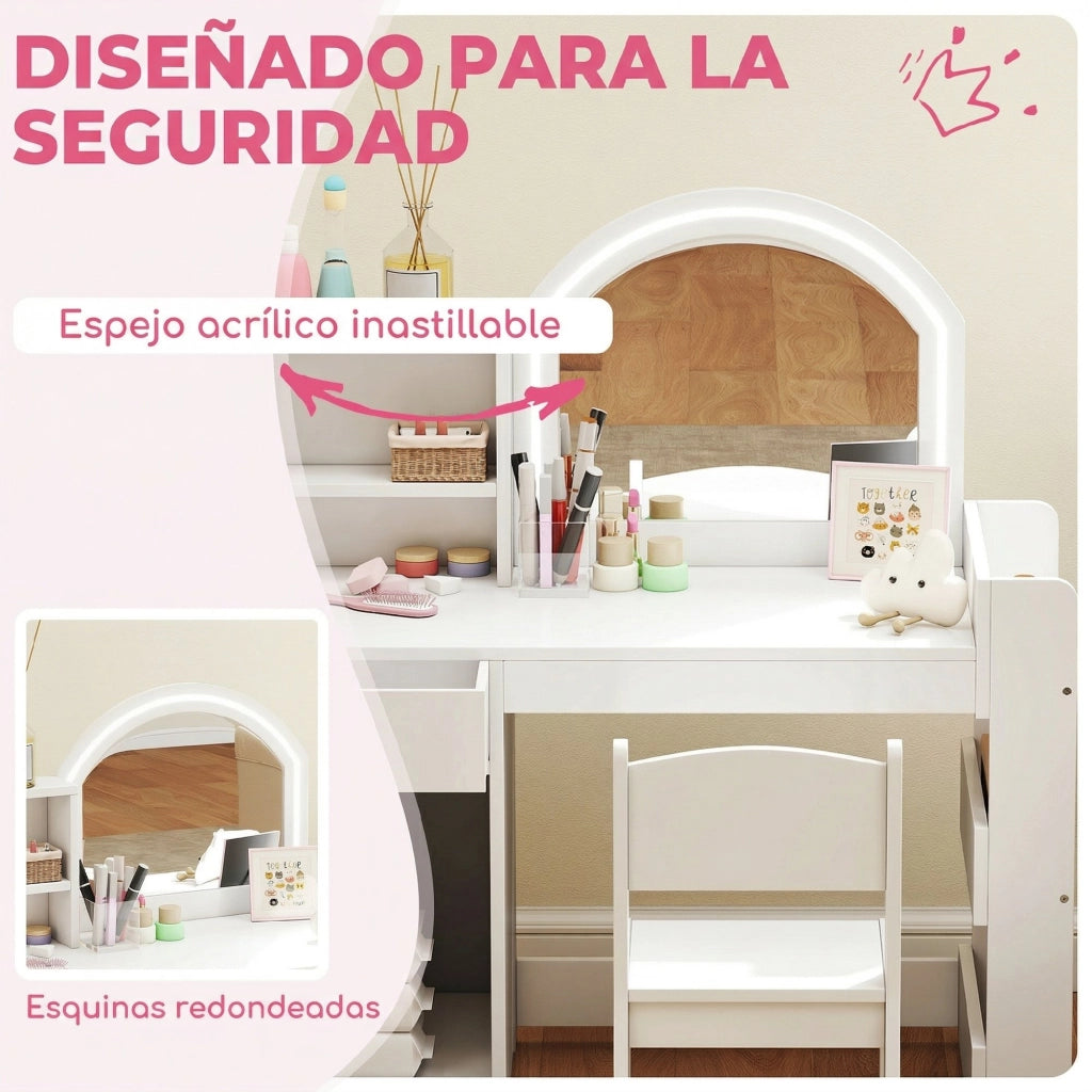Tocador de Maquillaje per Bambini con Specchio LED e Cassetto ¨C Zephmum ¨C Bianco