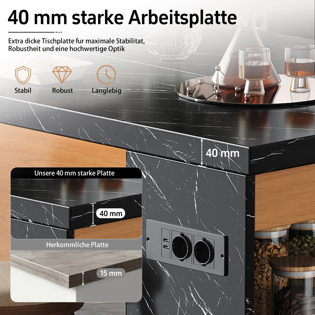 Isola cucina 155x80x90 cm con LED, prese USB e ripiani
