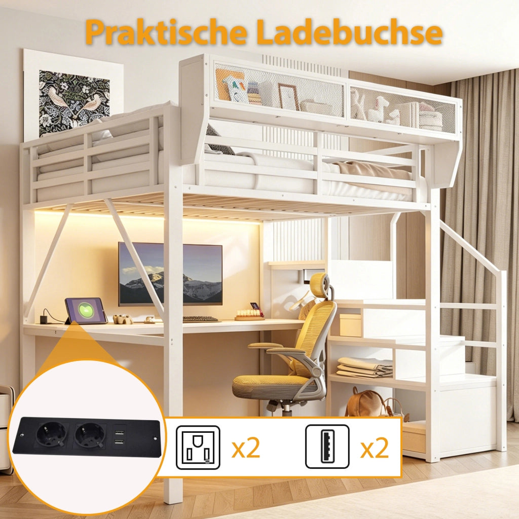 Letto a soppalco 140 × 200 cm con scrivania, scaffale regolabile, LED e scala di sicurezza, senza materasso, bianco