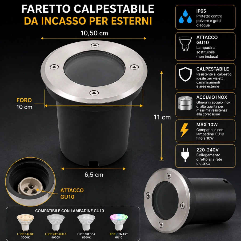 Faretto calpestabile per lampadine a LED con attacco GU10 segnapasso luce da incasso giardino viale IP65