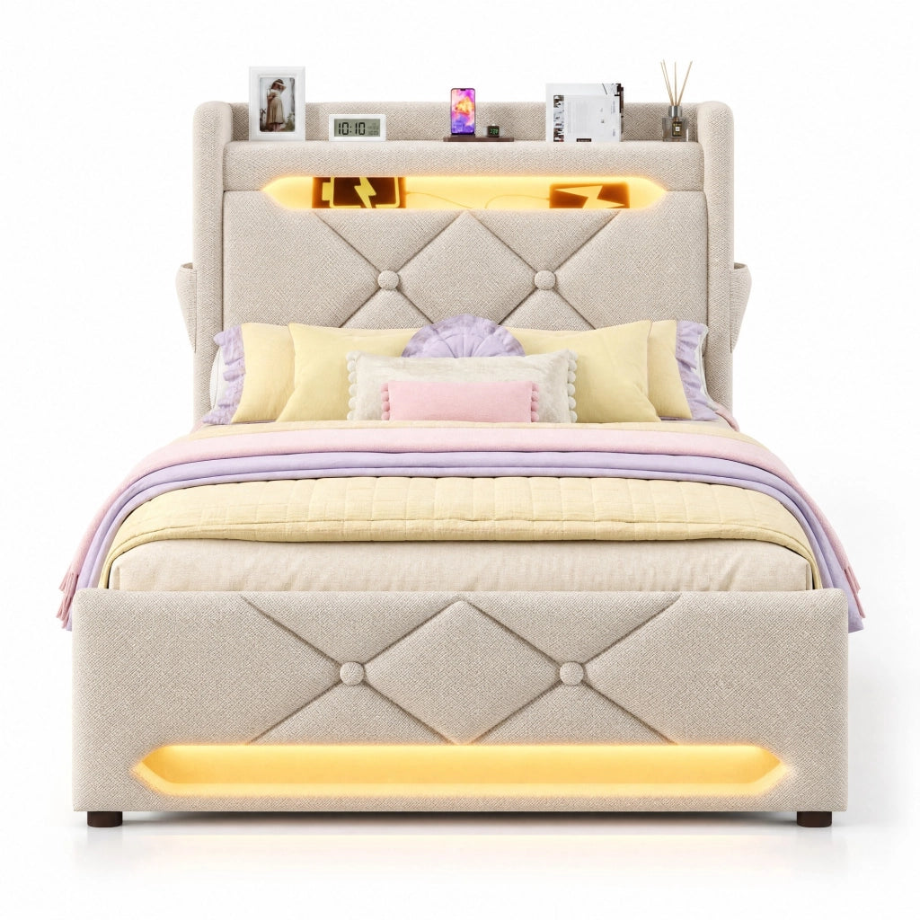 Letto singolo 90x200 cm con contenitore, testiera con USB e LED, beige in lino