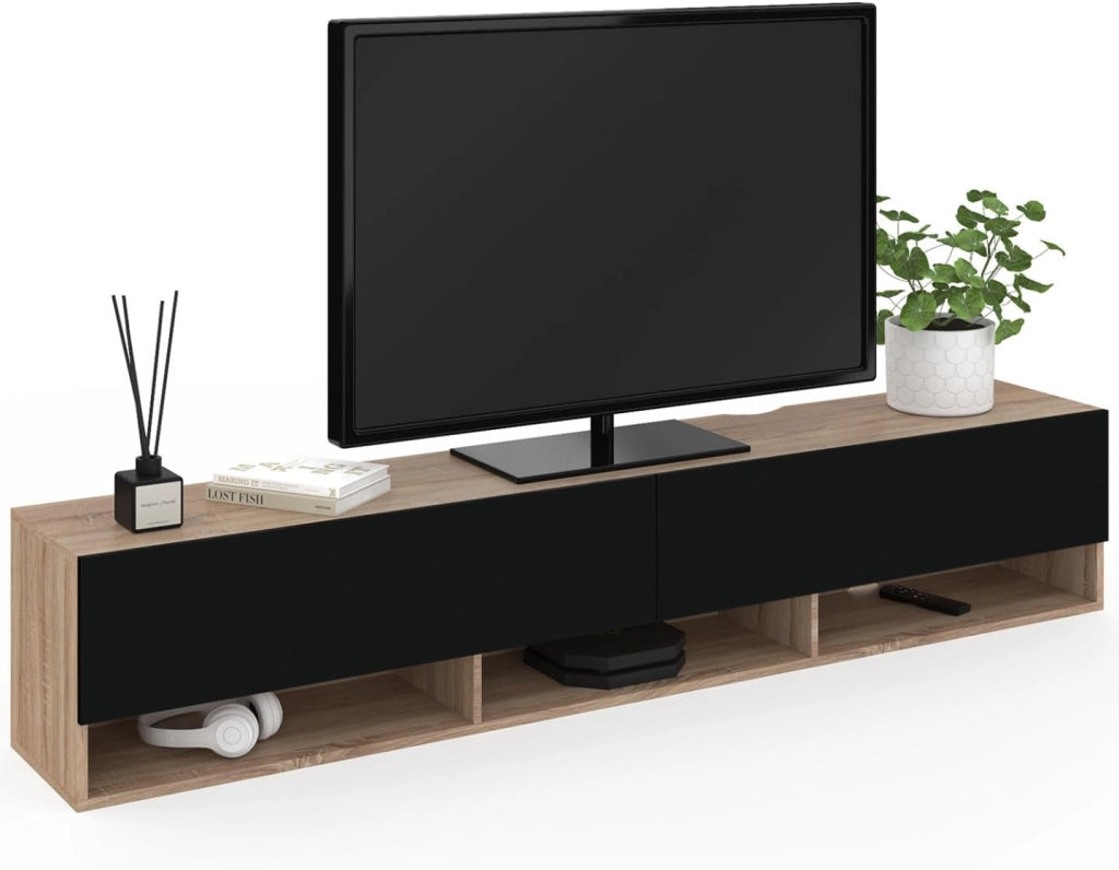 Mueble TV suspendido ELIO con estante de 2 puertas en madera y negro 180 cm