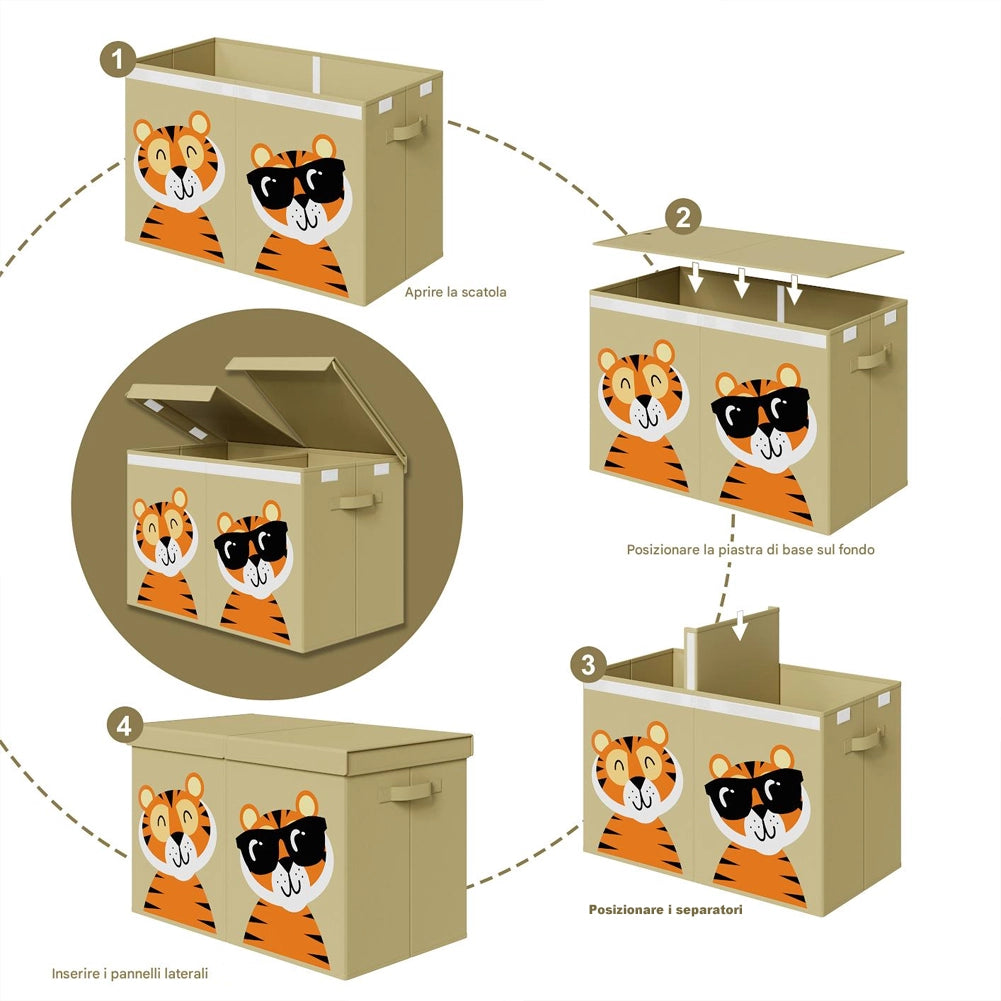Box Contenitore Giocattoli con Animali Doppio Pieghevole 80L Beige Salvaspazio