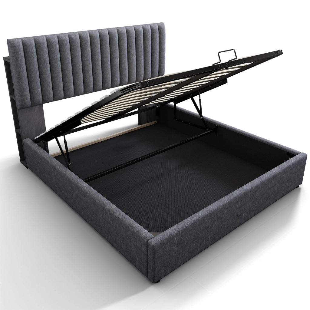 Letto Contenitore Imbottito con LED e Testiera Regolabile ¨C MINIMAL ¨C Grigio, 140x200, con Materasso