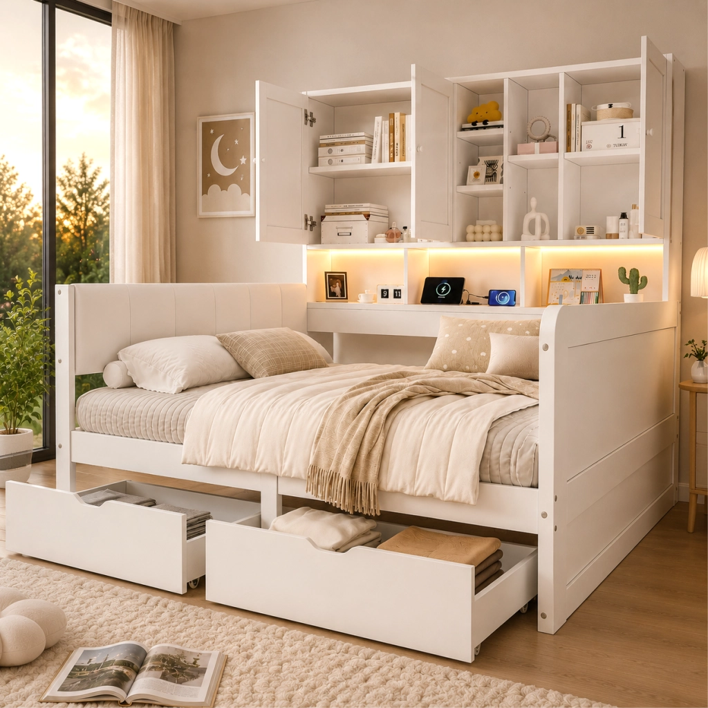 Letto contenitore 140x200 con LED, USB e vani portaoggetti bianco