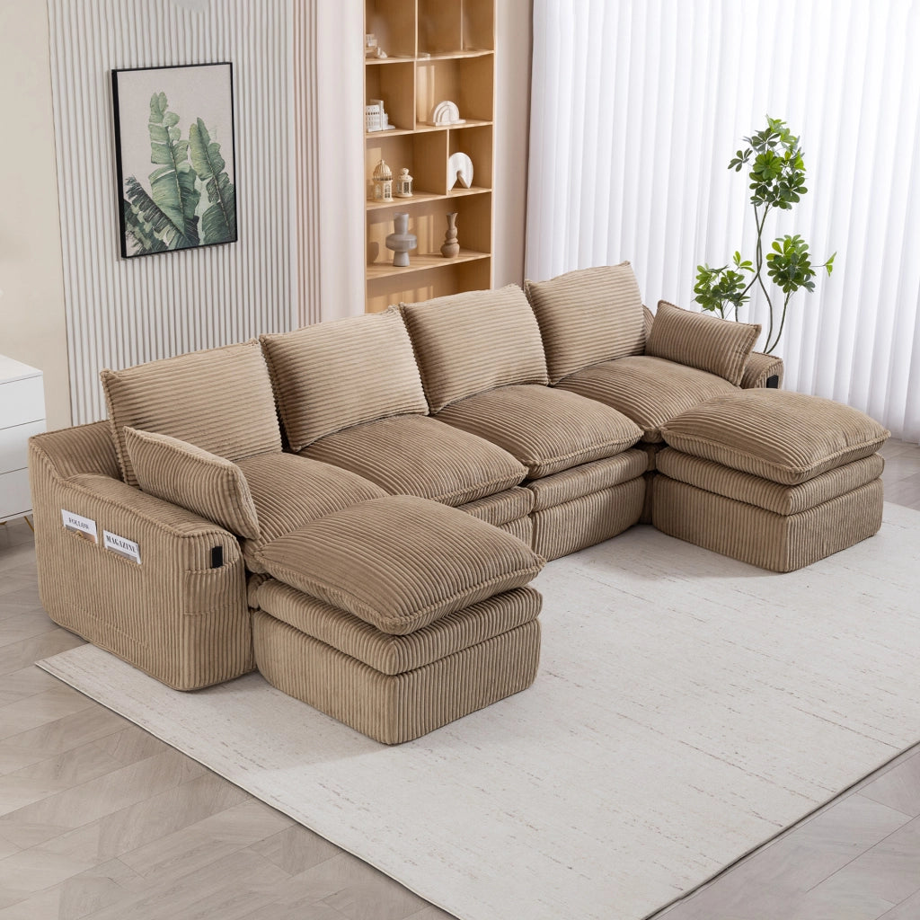Divano modulare a 4 posti in velluto a coste con 2 pouf, cuscini, tasche laterali e schiuma a 3 strati, khaki