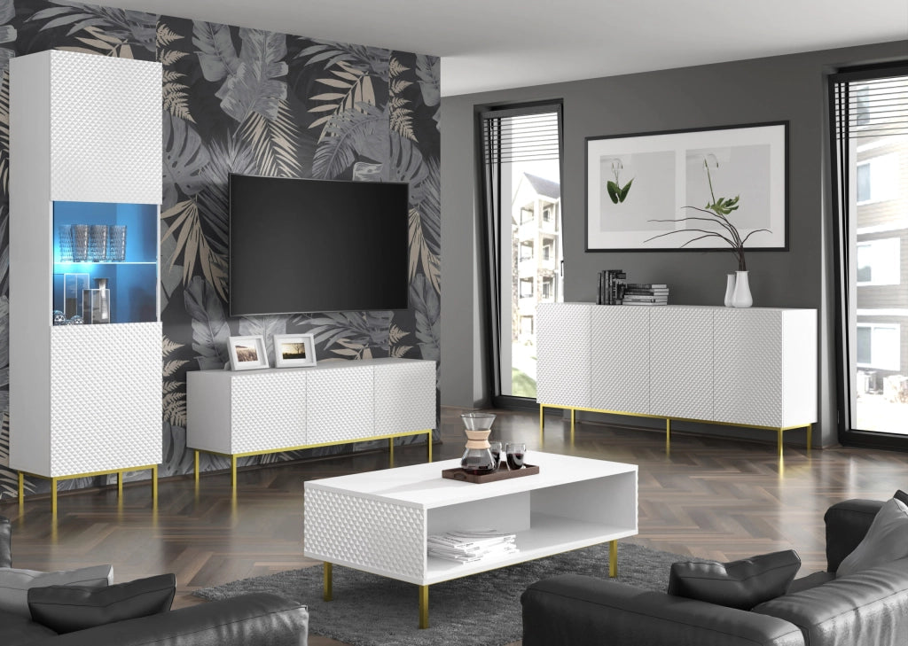 MOBILE RAVENNA C DIAMOND MDF HG PORTA TV 4D 200 BIANCO OPACO GAMBE BIANCO LUCIDO ORO