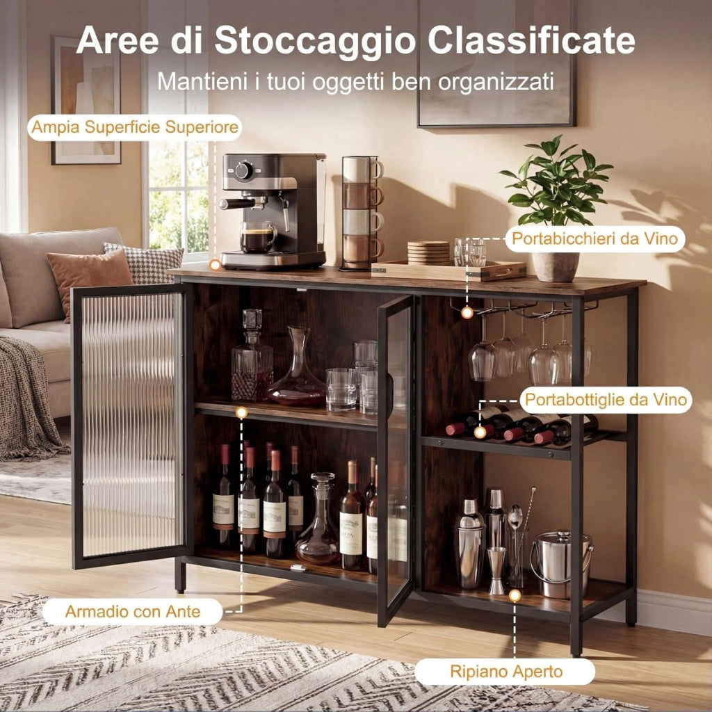 Mobiletto Bar per Vino con Prese di Corrente e Luci LED, Mobile Bar da Terra per Caffè con Portabottiglie e Portabicchieri, Credenza Buffet per Liquori per Cucina, Sala da Pranzo e Soggiorno