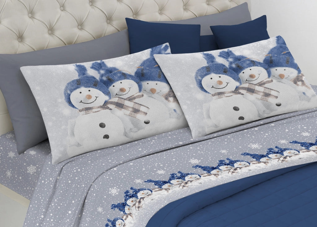 Completo Lenzuola In Morbida Flanella Disegno Snowman - 2 Piazze matr.le - Blu