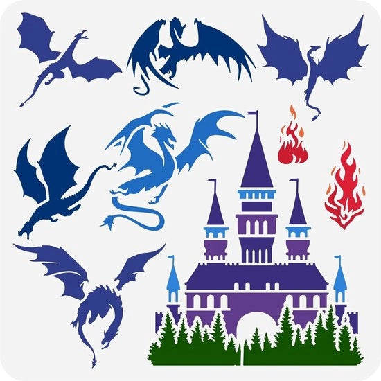 Telaio di stampa per pittura 30x30cm - Castello stencil - Telaio di plastica con motivi di castello e drago - Modello per arte e artigianato DIY - Telaio di pterosauro per parete domestica