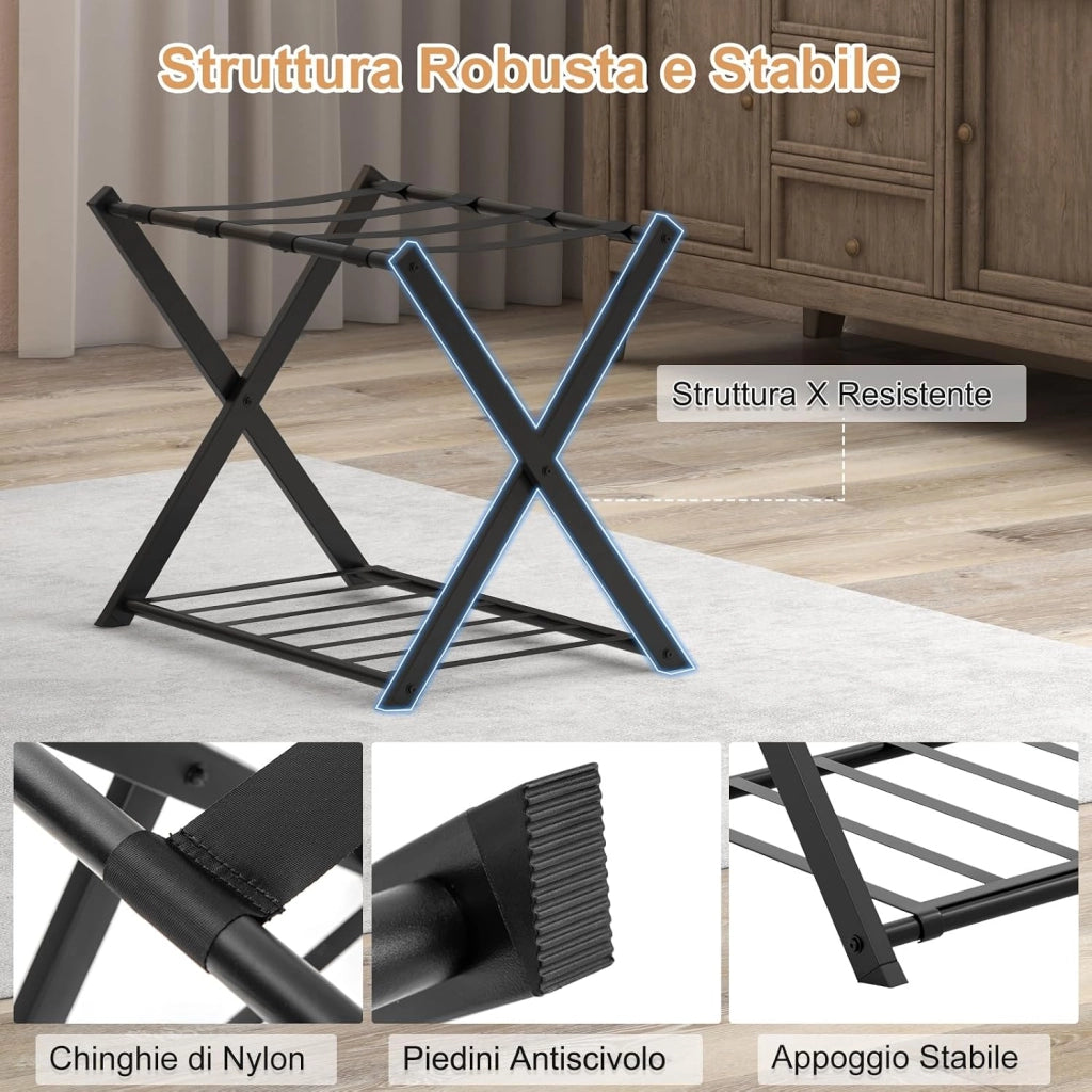 Portavaligie Pieghevole in Metallo 2 Pezzi 68 x 45 x 57 cm, Cavalletto Reggivaligie Multiuso con 2 Ripiani, Portabagagli Salvaspazio per Casa e Hotel Robusto, Portata 80 kg (Nero)