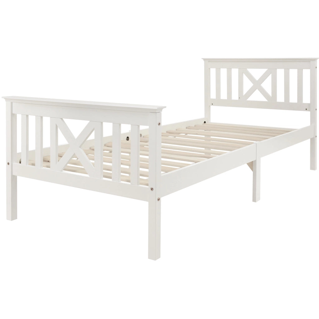 Letto singolo 90x200 cm con testiera a X e spazio contenitore; legno; bianco (Senza materasso)