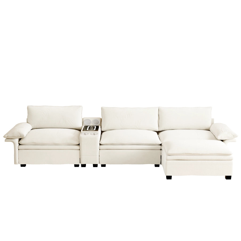 Divano angolare modulare 4 posti con contenitore ricarica wireless audio bluetooth e luci in chenille beige e bianco