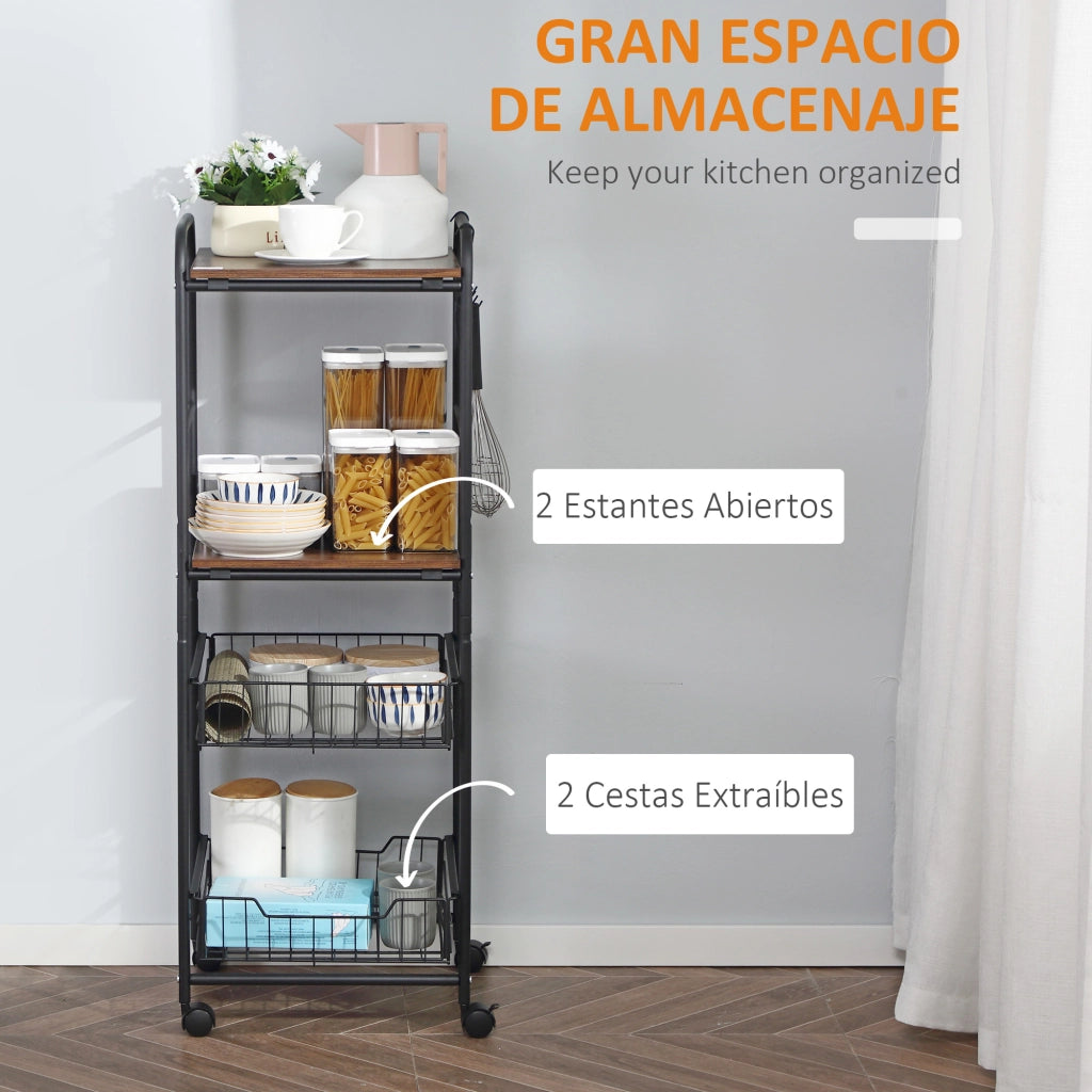 Carrello Multiuso con 2 Ripiani 2 Cestini Estraibili 4 Ganci ¨C Xylo ¨C Noce Nero 40x38x111 cm