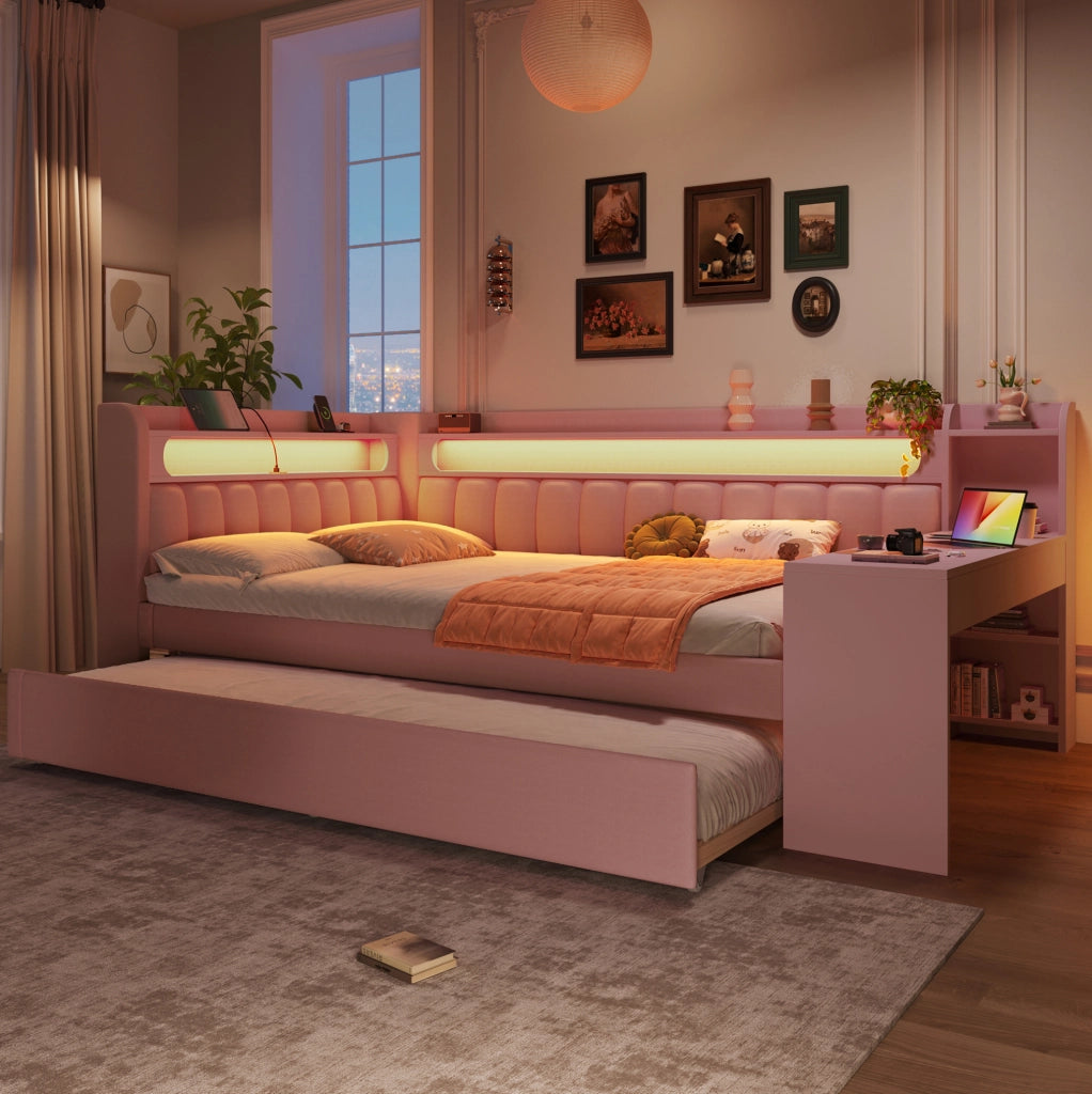 Divano letto imbottito 140x200 con letto estraibile; scrivania; LED e USB; rosa