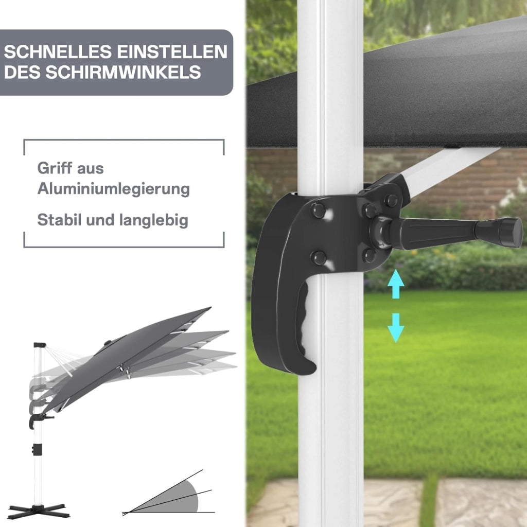 Ombrellone da balcone, in alluminio, con copertura, impermeabile, con manovella, protezione solare UV50+, rotazione di 360°, Tettoia monostrato grigio, 3 * 3M