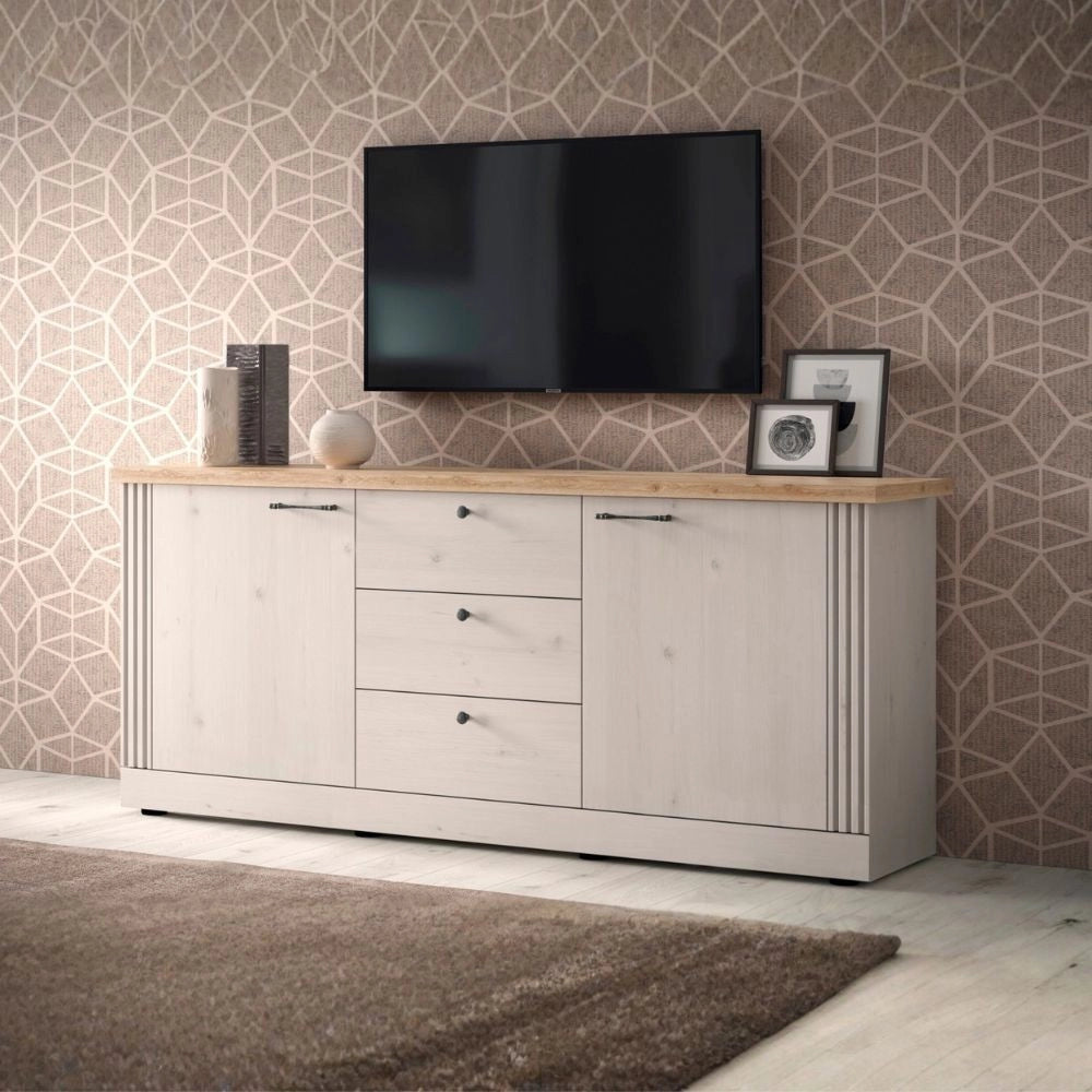 Madia shabby Winchester 2 ante e 3 cassetti colore bianco meringa e rovere Cadiz 211x44x88H
