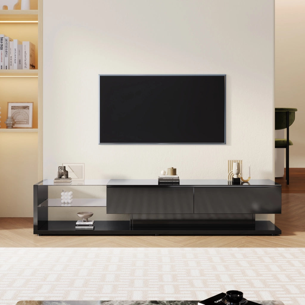 OKWISH Mobile TV con 2 Cassetti e 2 Ripiani in Vetro, LED Integrata, Finitura Lucida, per Soggiorno, 170 × 36 × 38 cm