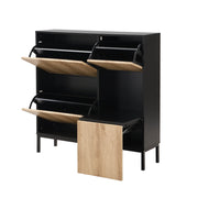 Scarpiera con 3 Ante a Ribalta e Panca Estraibile; Vano a Giorno; Stile Moderno; in MDF; Nero e Naturale; 100×25×100 cm