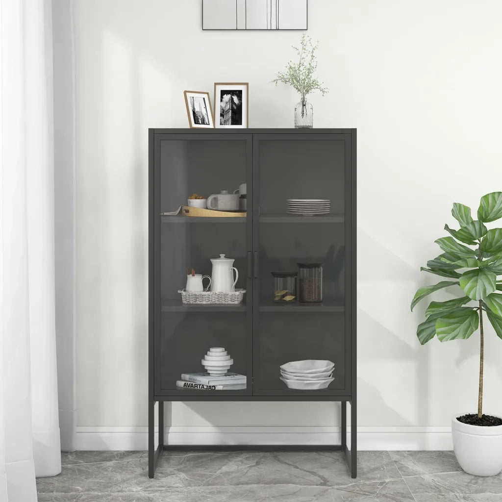 Credenza Alta Antracite 80x35x135 cm Acciaio e Vetro Temperato cod mxl 49191
