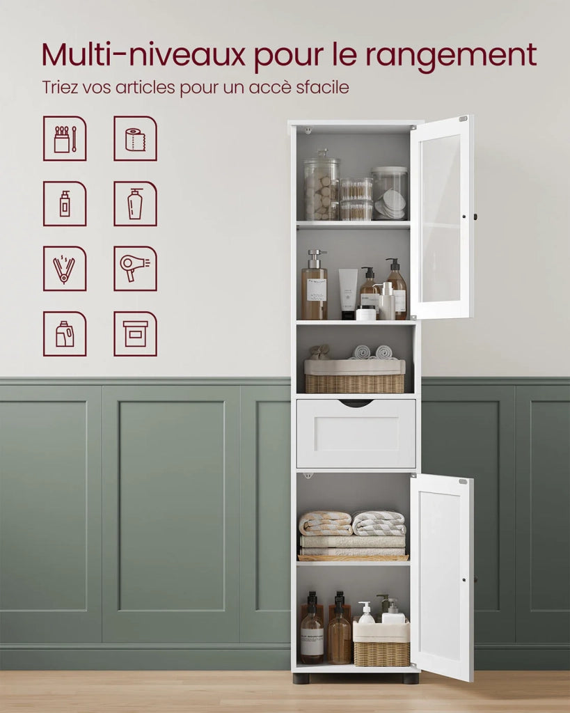 Mobile contenitore per bagno colonna 30 x 40 x 165 cm con ripiani regolabili armadietti con ante cassetti vano salvaspazio bianco 12_0006523
